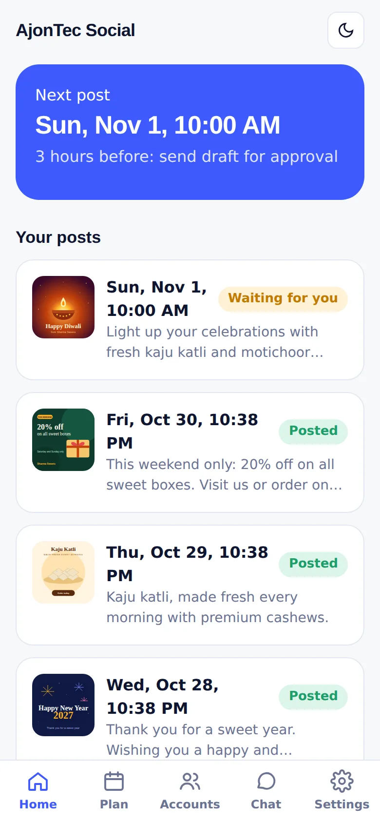 Dashboard with next post and post history