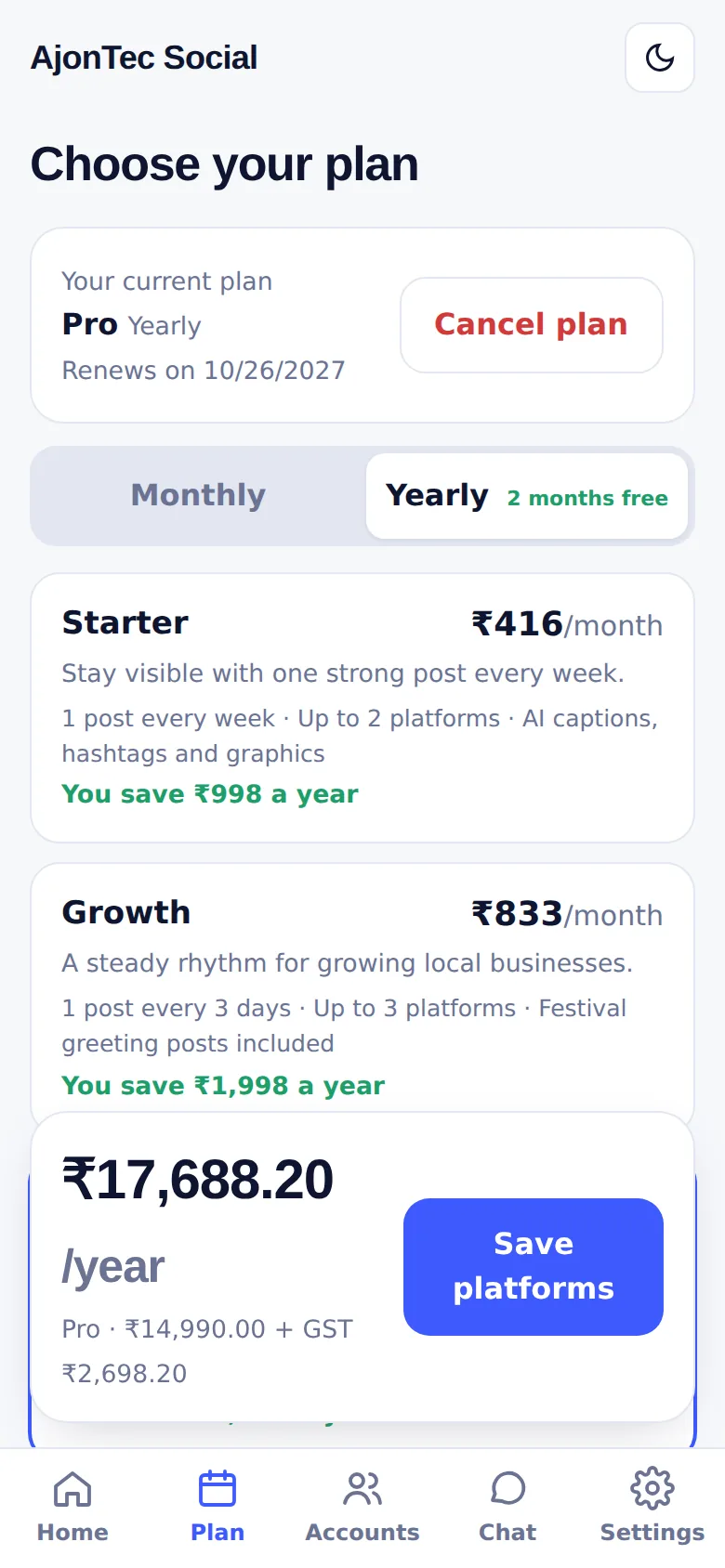 Plan screen with frequency options and price