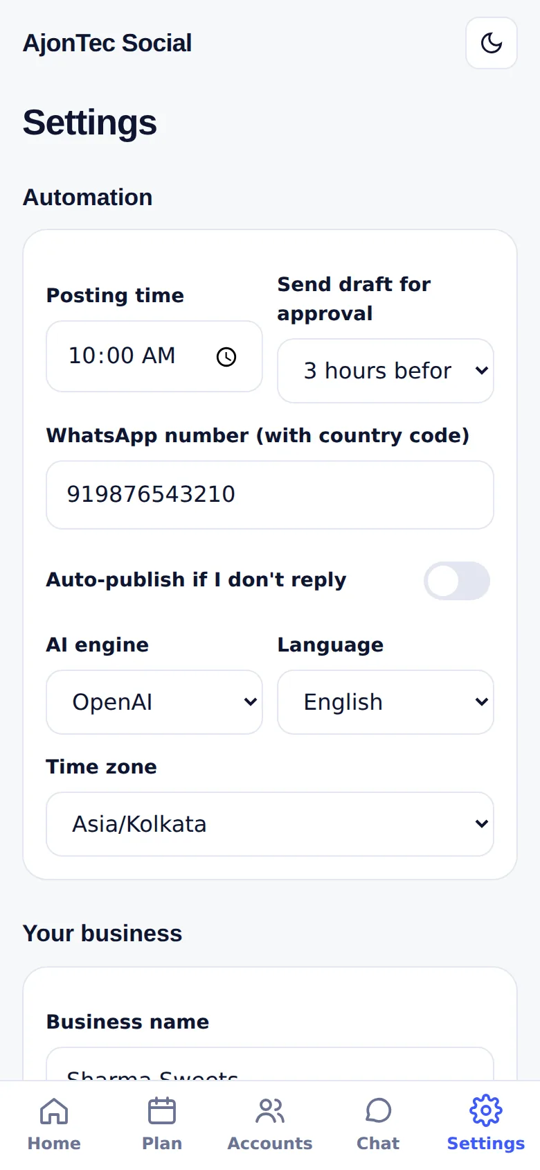 Settings with posting time and preview window